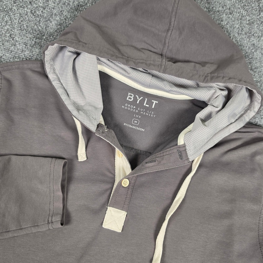 BYLT Hooded Henley Mens Medium Gray Drop Cut Lux Long Sleeve Shirt